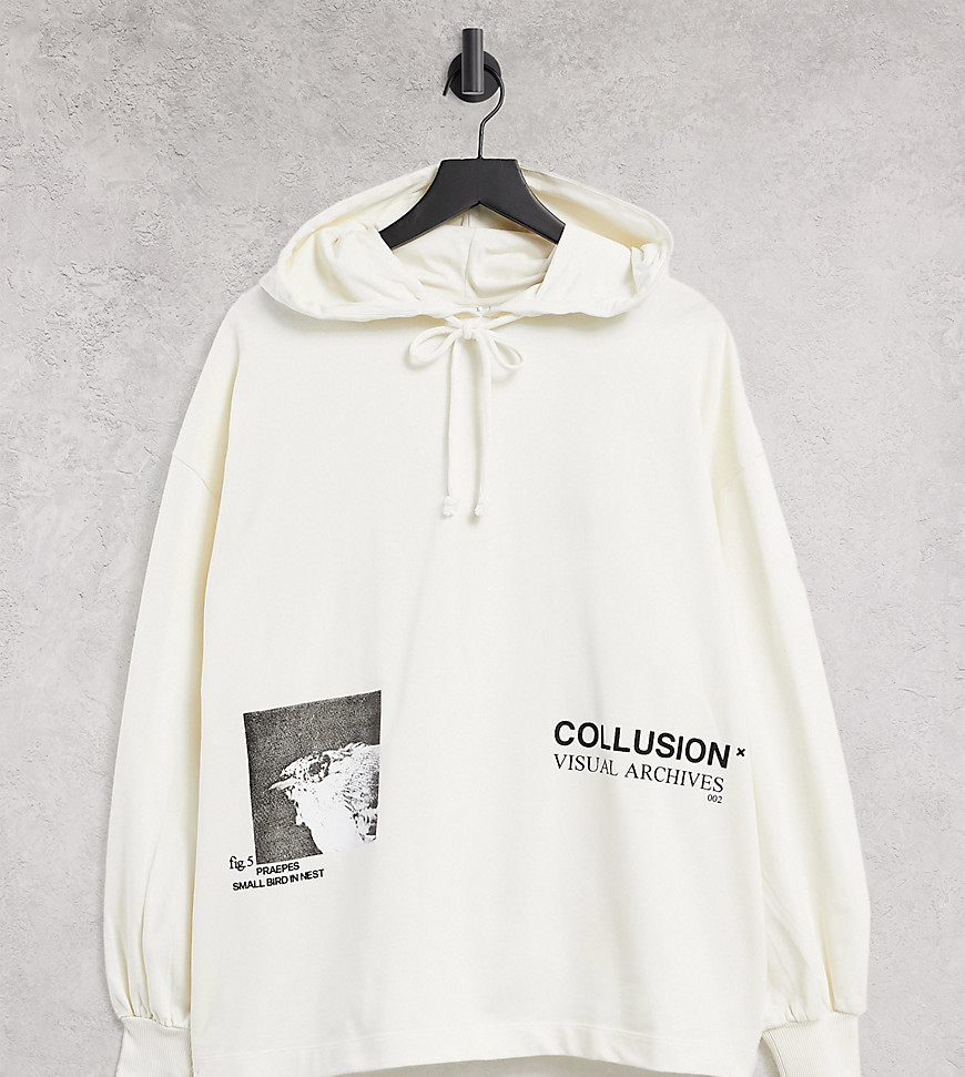 COLLUSION photographic placement print hoodie in ecru-Black