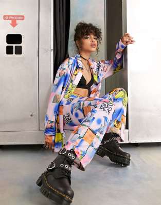 Collusion COLLUSION photographic print satin trousers co-ord in pink-Multi