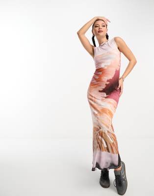 Collusion Photopgraphic Print Slash Neck Tank Top Maxi Dress In Multi