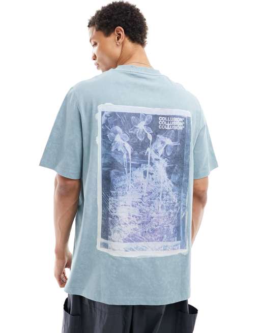 COLLUSION – Pikee-T-Shirt in Grün mit Polaroid-Blumenprint auf dem Rücken