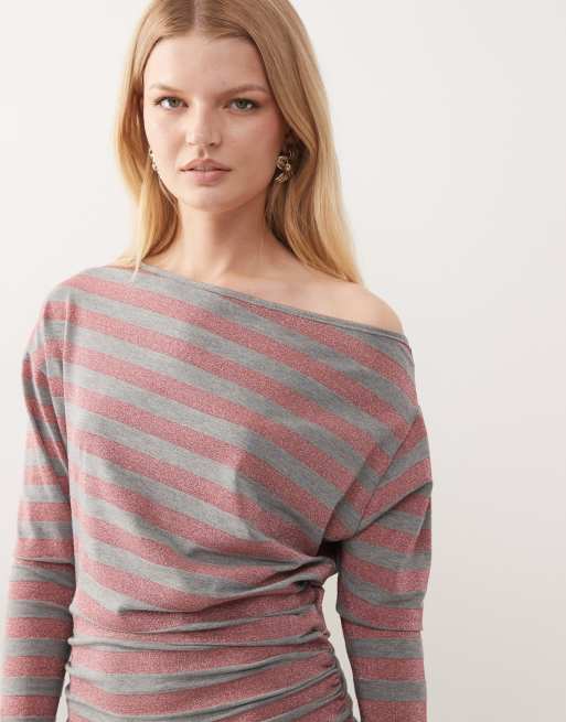COLLUSION - Pink og strivet off-shoulder-kjole med glimmerstriber, 3 af 4