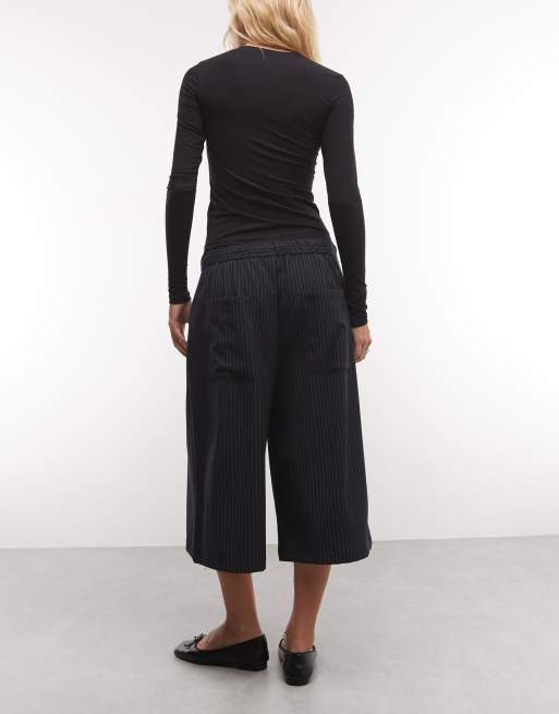 COLLUSION Pinstripe baggy pull on jorts in navy, 5 of 5