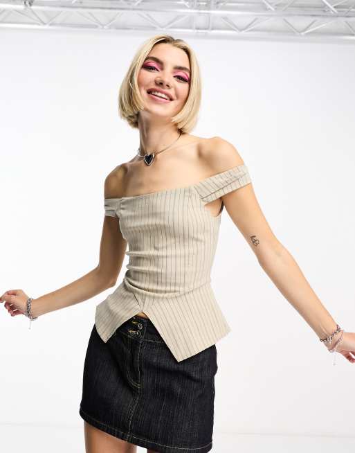 COLLUSION pinstripe corset top in cream