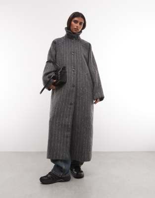Collusion Pinstripe Long Raglan Funnel Coat In Gray