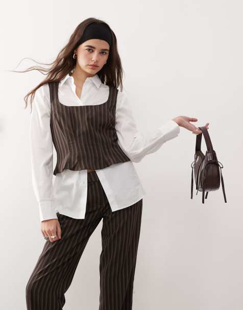 COLLUSION pinstripe tailored corset top in brown - view 1