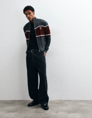 Collusion Placement Stripe Zip-front Funnel Neck Sweater In Black