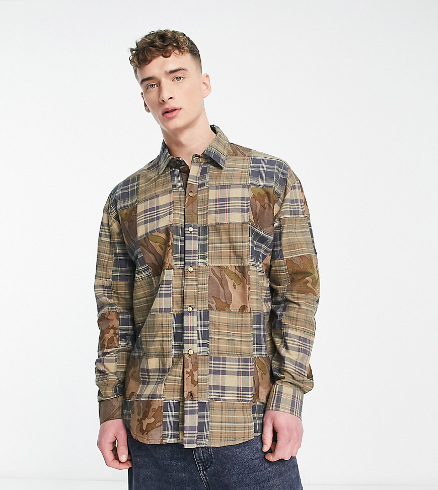 COLLUSION plaid & camo oversized patchwork shirt in khaki - part of a set-Green