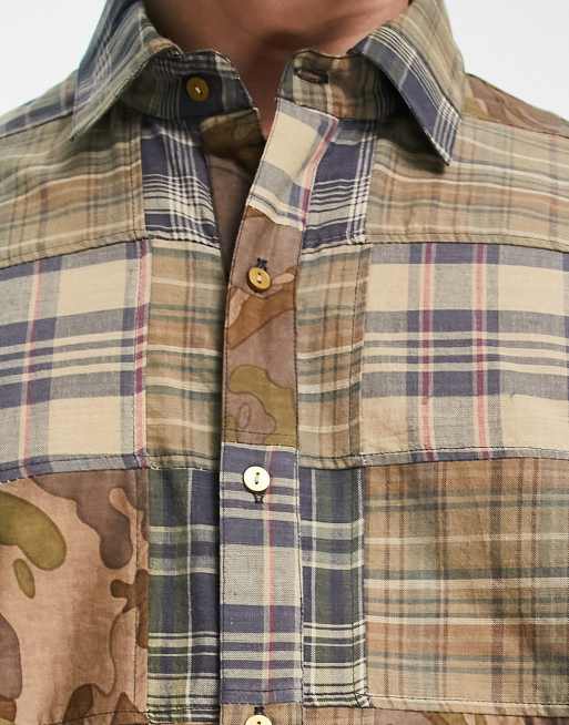 COLLUSION plaid & camo oversized patchwork shirt in khaki - part of a set