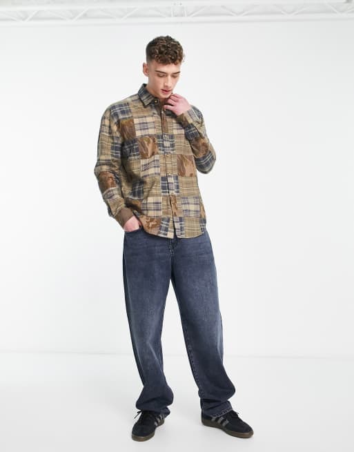 COLLUSION plaid & camo oversized patchwork shirt in khaki - part