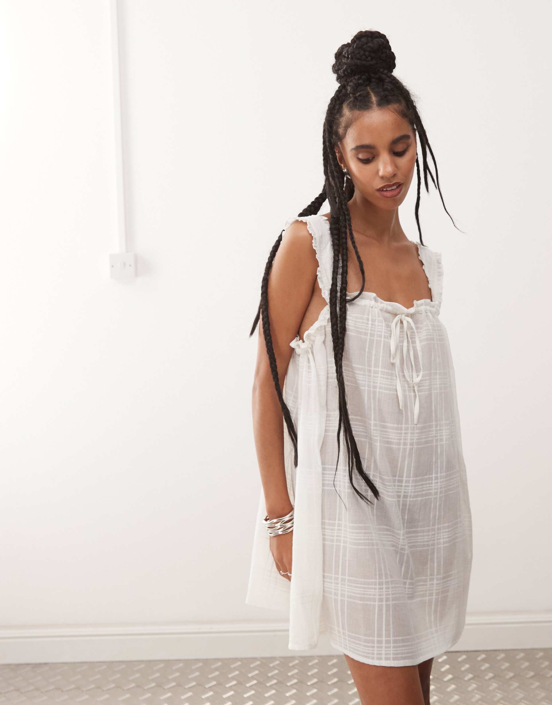 collusion plaid linen look swing beach dress in white