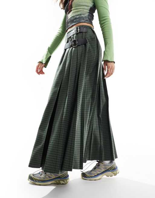 COLLUSION plaid maxi skirt kilt in green ASOS