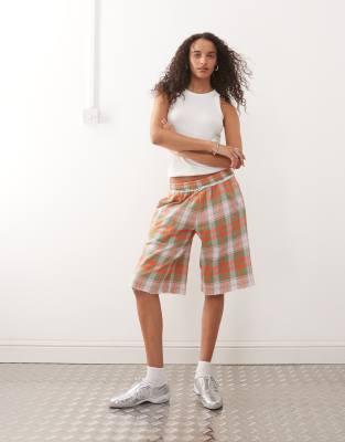 plaid print long sweatpants style shorts-Multi