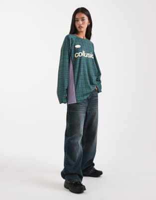 Collusion Plaid Print Soccer Tee In Blue