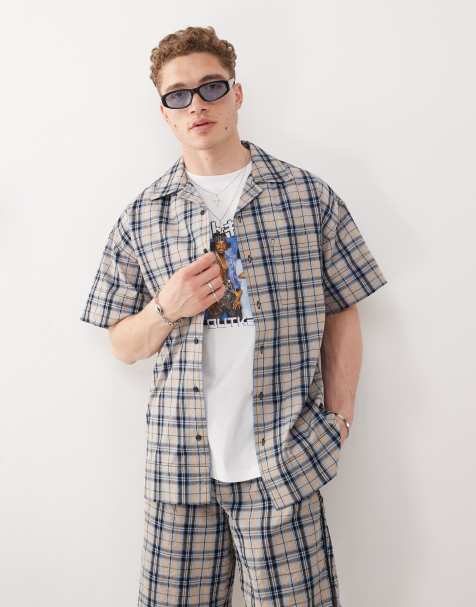 COLLUSION plaid short sleeve shirt in orange and blue plaid - view 1