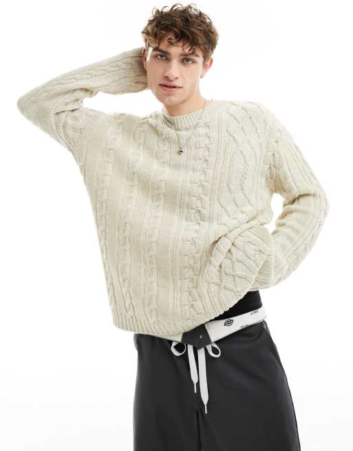 COLLUSION plaited mixed cable crew neck jumper in ecru