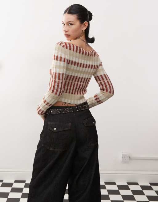 COLLUSION plated key hole striped knitted top in red