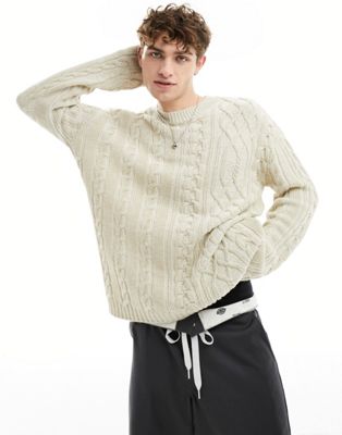 COLLUSION plated mixed cable crew neck jumper in ecru