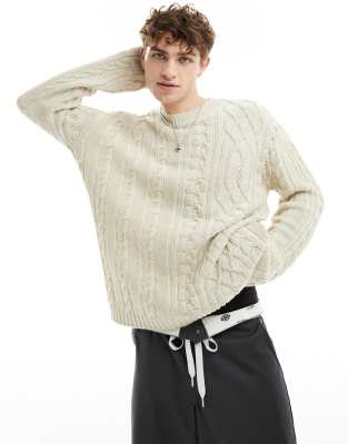 COLLUSION plated mixed cable crew neck diag sweater in ecru