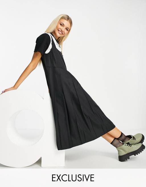 COLLUSION pleated midi pinafore dress in black