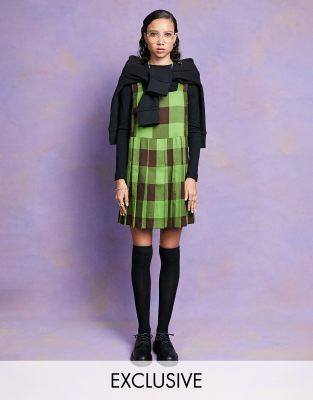 brown plaid pinafore dress