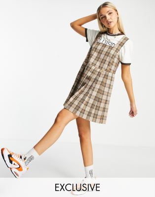 brown check pinafore dress Coffee Plaid Pinafore Dress / Blouse (Brown) main image 1