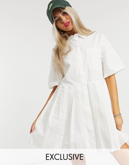 COLLUSION pleated mini shirt dress in white