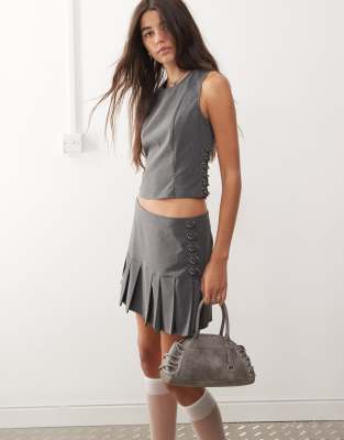 pleated mini skirt with piercing detail in pinstripe - part of a set-Gray