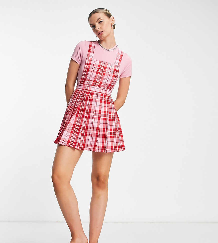 COLLUSION pleated pinafore dress in pink and red check-Multi