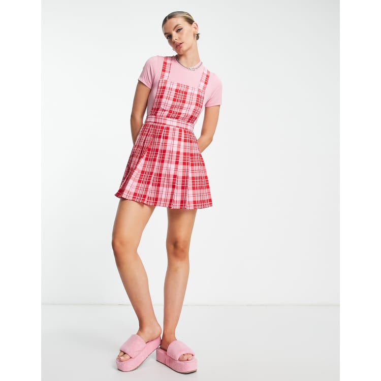 COLLUSION pleated pinafore summer dress in pink and red check