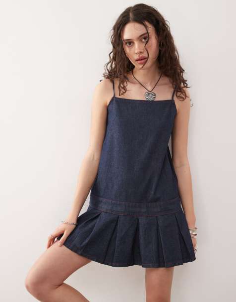 COLLUSION pleated denim mini dress in rinse