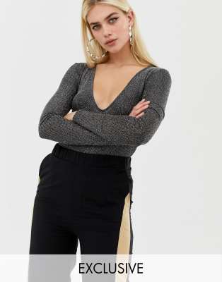 COLLUSION  B?yszcz?ce body z g??bokim dekoltem-Srebrny Srebrny