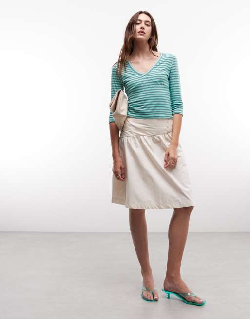 COLLUSION plunge v neck 3/4 sleeve top in aqua stripe, 3 of 4
