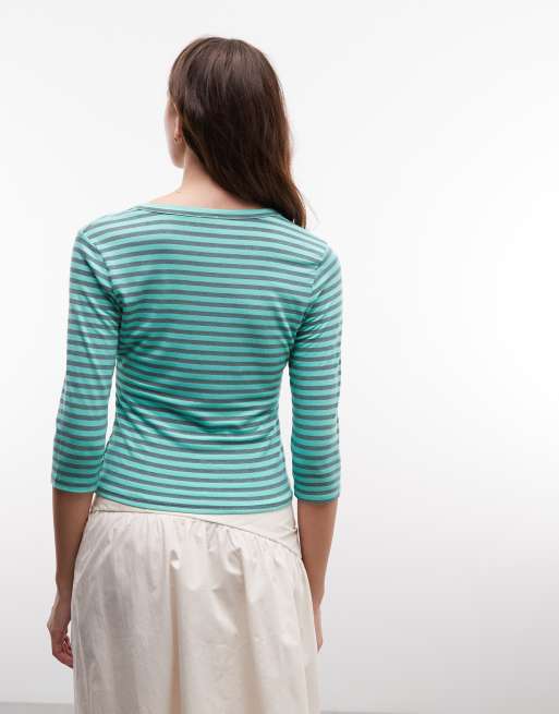 COLLUSION plunge v neck 3/4 sleeve top in aqua stripe, 4 of 4