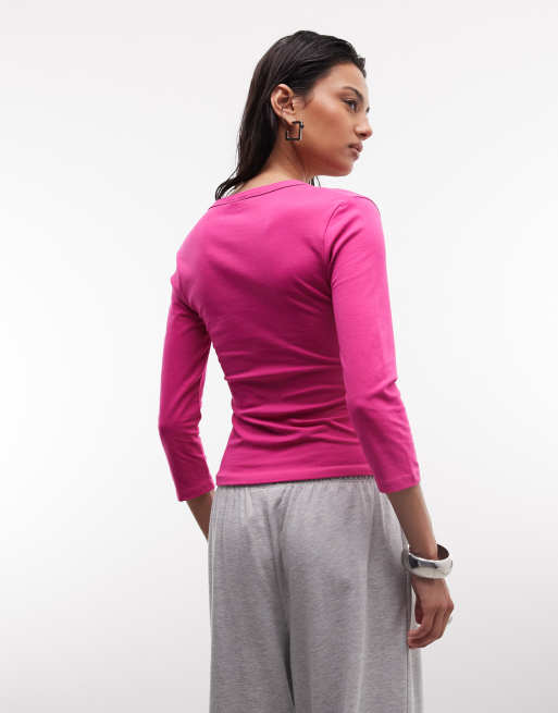 COLLUSION plunge v neck 3/4 sleeve top in fuschia, 4 of 4