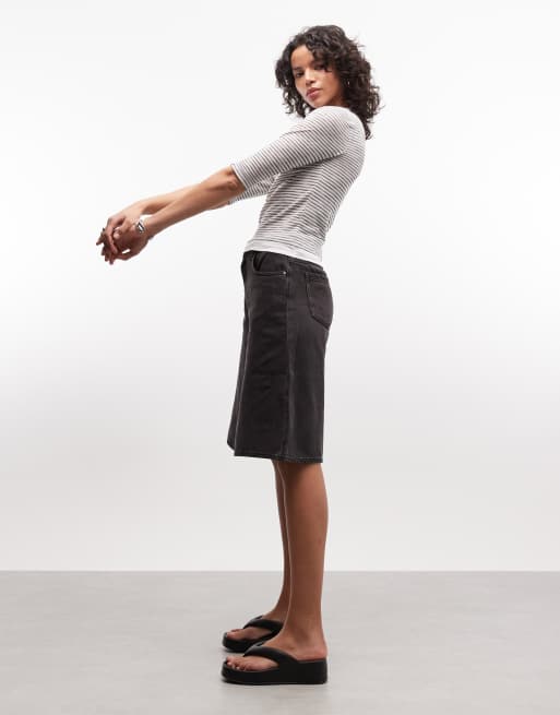 COLLUSION plunge v-neck 3/4 sleeve top in grey stripe, 2 of 4