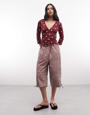 Collusion Plunge V Neck 3/4 Sleeve Top In Burgundy
