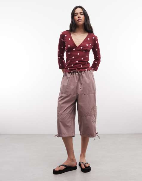  COLLUSION plunge v neck 3/4 sleeve top in red polka