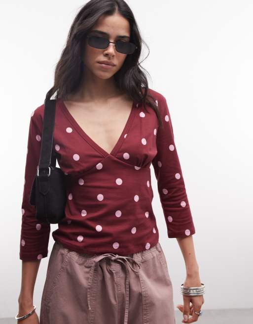  COLLUSION plunge v neck 3/4 sleeve top in red polka, 2 of 4