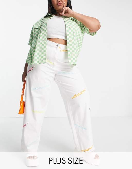 COLLUSION Plus 90s straight leg pants with branded embroidery in white - part of a set