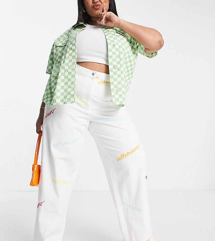 COLLUSION Plus 90s straight leg trousers with branded embroidery co-ord in white