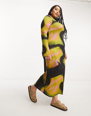 COLLUSION Plus abstract print long sleeve maxi dress in multi