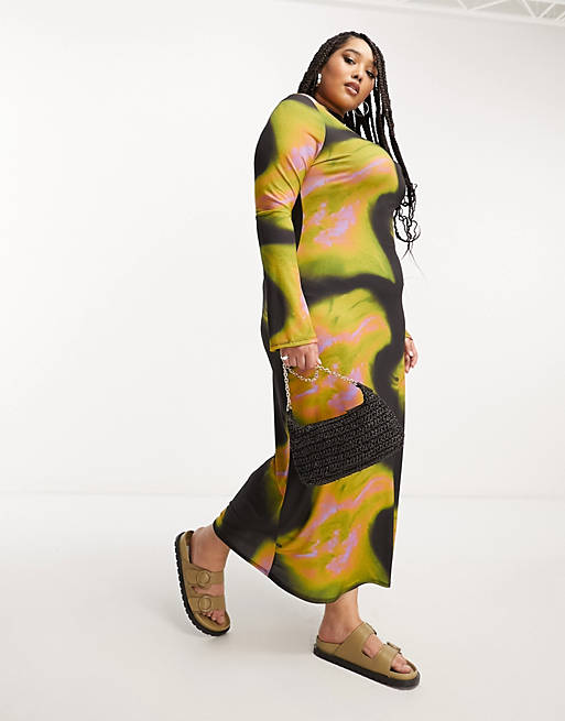 COLLUSION Plus abstract print long sleeve maxi dress in multi 