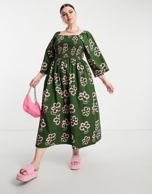 COLLUSION Plus angel sleeve shirred maxi smock dress in green floral
