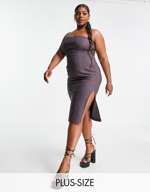 COLLUSION Plus bandeau midi bengaline dress in brown