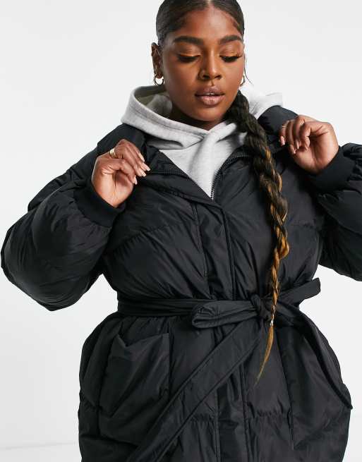 Belted black puffer store coat