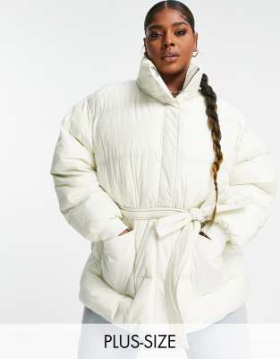 COLLUSION Plus belted puffer jacket in ecru-White