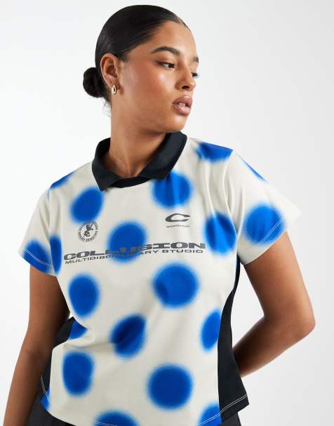 COLLUSION plus blurred polka dot fitted football tee in blue polka dot