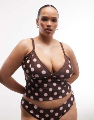Collusion Plus Blurred Polka Dot Tankini Bikini Top In Brown