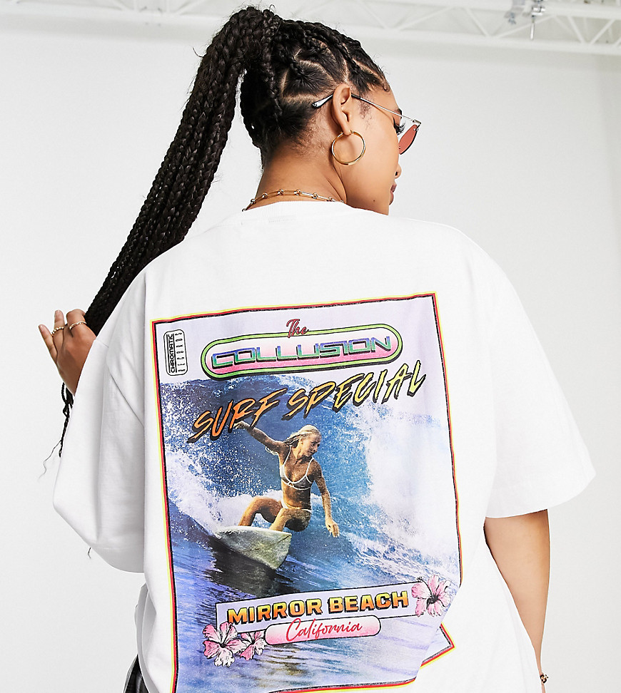COLLUSION Plus branded surf oversized T-shirt in white
