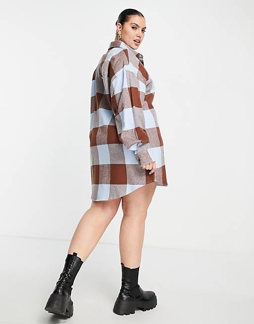  COLLUSION Plus brushed check mini shirt dress in brown and blue 